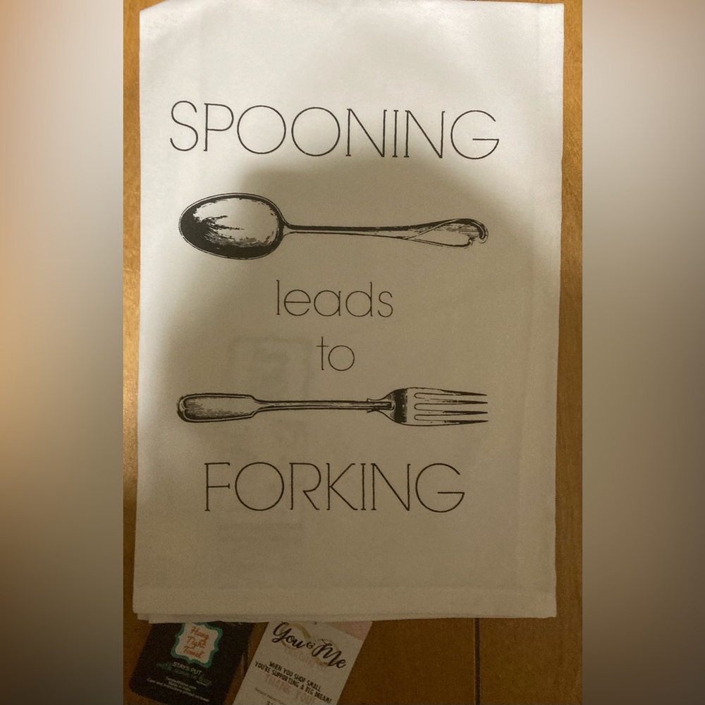 NWT Twisted Graphic Towel 'Spooning Leads to Forking' Cotton Kitchen Towel